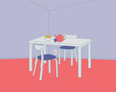 Hand drawn colorful illustration of table with two chairs, a tea pot, and a journal