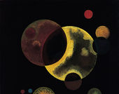 A geometric abstract painting featuring a number of colored circles, some overlapping, in a constellation that evokes heavenly bodies