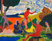 colorful figures bask in a psychedelic hillside gathering