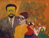 Painting of man woman and child in pastel colors