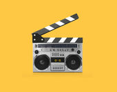 A an image of a boombox combined with a filmmaker's clapper board