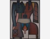 Painting of a disembodied female form, wearing a jacket, a pair of pants emerging from her vulva