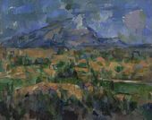 Impressionistic painting of a village at the foot of a large mountain