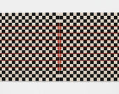 Black and white checkered image featuring red lines running through the pattern.