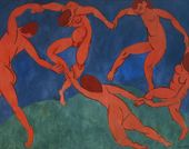 painting of 5 red figures dancing