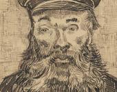 A Vincent van Gogh work of a man with a beard in a hat reading "Postes." Portrait of Joseph Roulin, 1888