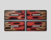 Abstract work of art hung on a wall; a rectangle divided into four quarters by a gray cross. In each quadrant is a horizontal gray line against a variegated background of red, brown, and black.