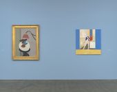 Two paintings hang on a blue gallery wall