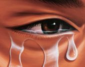 painting showing a close up of a dark-skinned person's eye with tears flowing out. 