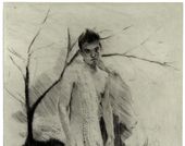 Black and white etching of a standing naked figure with short black hair. A long strip of spotted fabric is draped over their shoulder and nearly reaches the ground. A leafless dark black tree  stands in the background.