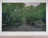 Realistic image of a forest of trees with water in the foreground.