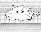 A black and white illustration of a cartoonish, anthropomorphic cloud giving a peace sign and floating in a three-dimensional room with floor-to-ceiling grid of squares