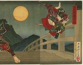 Japanese painting of two people dueling on a bridge. 