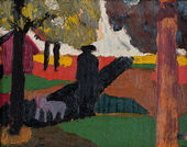 Abstract landscape painting with a nude figure. 
