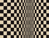 A warped checkerboard patter of black and cream rectangles