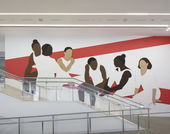 Hammer lobby wall installation depicting a group of abstracted figures, young gymnasts in leotards and high buns, which red architectural lines painted on white