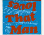 Colorful screenprint with "loves That Man" in bright red on a blue background