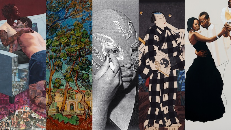 Collage of five diverse artworks from the Hammer Museum Collections side by side. From left to right: 1) Contemporary painting of two embracing figures with surreal elements. 2) Post-impressionist style painting of trees with vibrant blues and greens. 3) Black and white illustration of a face with intricate patterns. 4) Japanese woodblock print style image of a figure in a checkered robe. 5) Photograph of a couple dancing, the woman in a black dress and the man in white